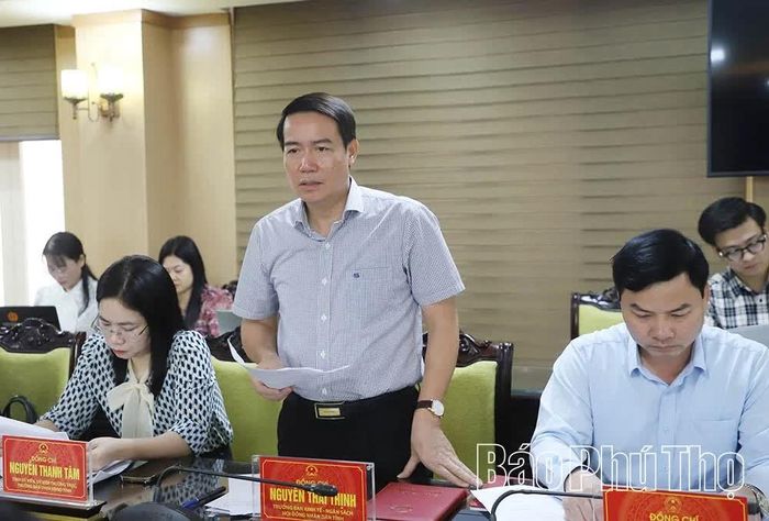 Trưởng Ban Kinh tế - Ngân sách HĐND tỉnh Nguyễn Thái Thịnh trình bày báo cáo thẩm tra tại phiên họp.