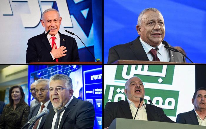 Thủ tướng Benjamin Netanyahu (trên cùng bên trái), Chủ tịch đảng Yashar đối lập Gadi Eisenkot (trên cùng bên phải), Chủ tịch Liên minh chung Yousef Jabareen (dưới cùng bên trái) và Chủ tịch đảng Ra'am Mansour Abbas (dưới cùng bên phải) phát biểu trước những người ủng hộ tại trụ sở tranh cử của họ vào ngày 27/10/2026.