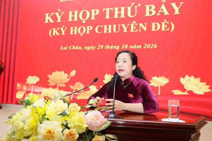 Phó Chủ tịch Thường trực HĐND tỉnh Lai Châu Tẩn Thị Quế phát biểu. Ảnh: Đinh Đông