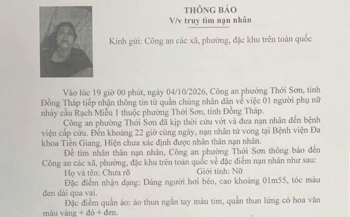 Công an phường Thới Sơn thông báo tìm nhân thân đối với trường hợp người phụ nữ nhảy cầu Rạch Miễu chưa rõ danh tính.