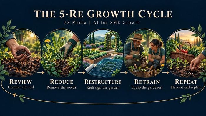Mô hình 5-RE Growth Cycle: Năm bước để tổ chức lại cách làm việc dựa trên ứng dụng AI tại 5S Media.