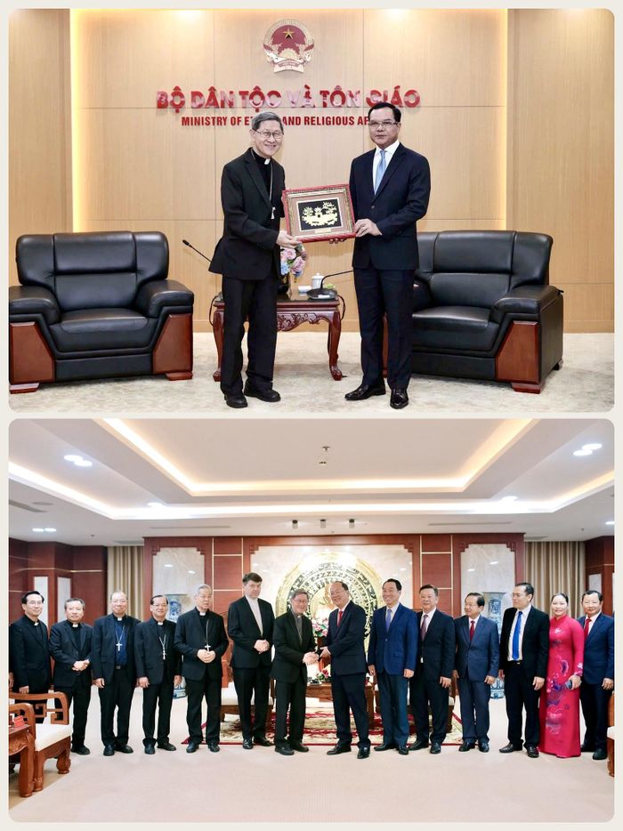 Bộ trưởng Bộ Dân tộc và Tôn giáo Nguyễn Đình Khang (ảnh trên) và Bí thư Tỉnh uỷ Cà Mau Nguyễn Hồ Hải (ảnh dưới) gặp gỡ phái đoàn Toà thánh Vatican.