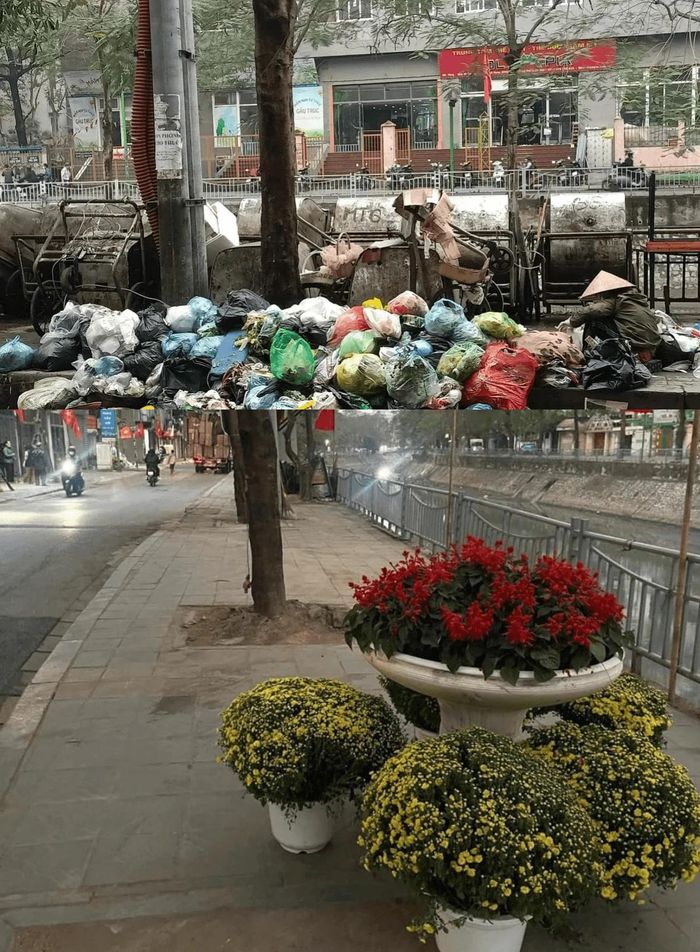 "Điểm đen" rác thải tại phố Trần Đại Nghĩa trước và sau khi được xử lý. Ảnh: PV