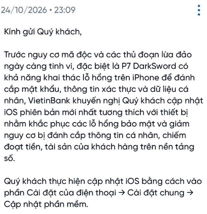 Một phần thông báo của ngân hàng VietinBank, trong đó P7 DarkSword được nhắc đến là một biến thể mới được phát hiện của DarkSword. (Ảnh chụp màn hình)