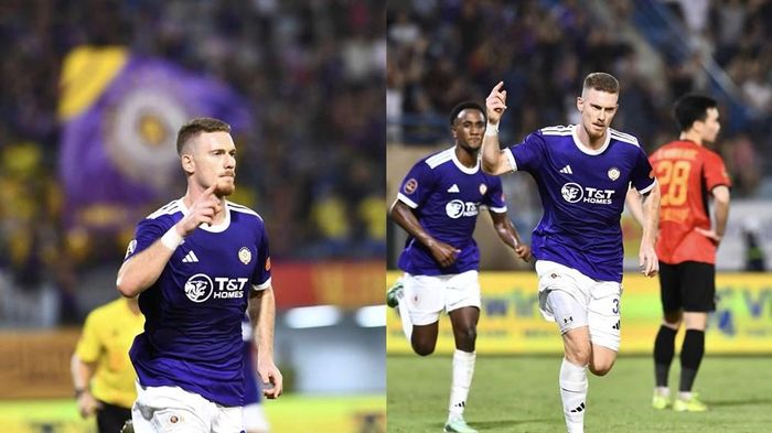 Aymeric Faurand Tournaire ăn mừng sau khi ghi bàn thắng quyết định ở phút 90+2, giúp CLB Hà Nội ngược dòng đánh bại Ninh Bình 2-1. Ảnh: CLB Hà Nội