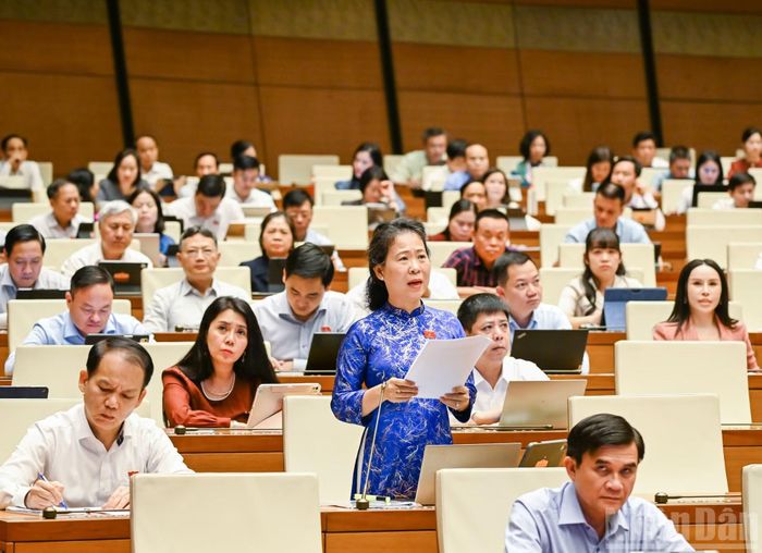Đại biểu Quốc hội thành phố Cần Thơ Tô Ái Vang phát biểu thảo luận tại phiên họp. (Ảnh: DUY LINH)