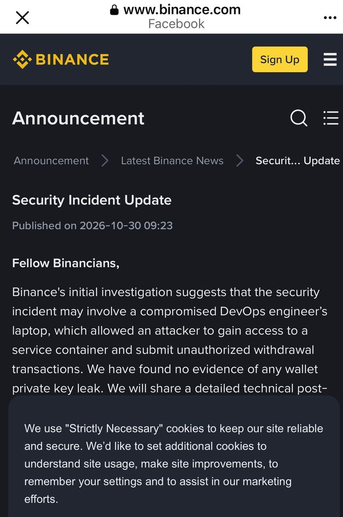 Thông váo về vấn đề bảo mật của Binance