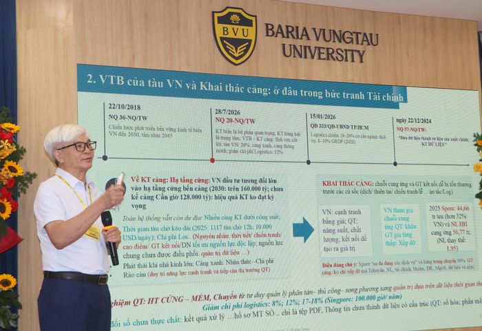  TS. Lê Văn Thức, Phó Giám đốc Cảng vụ Hàng hải TPHCM trình bày tham luận. Ảnh: THÀNH HUY 
