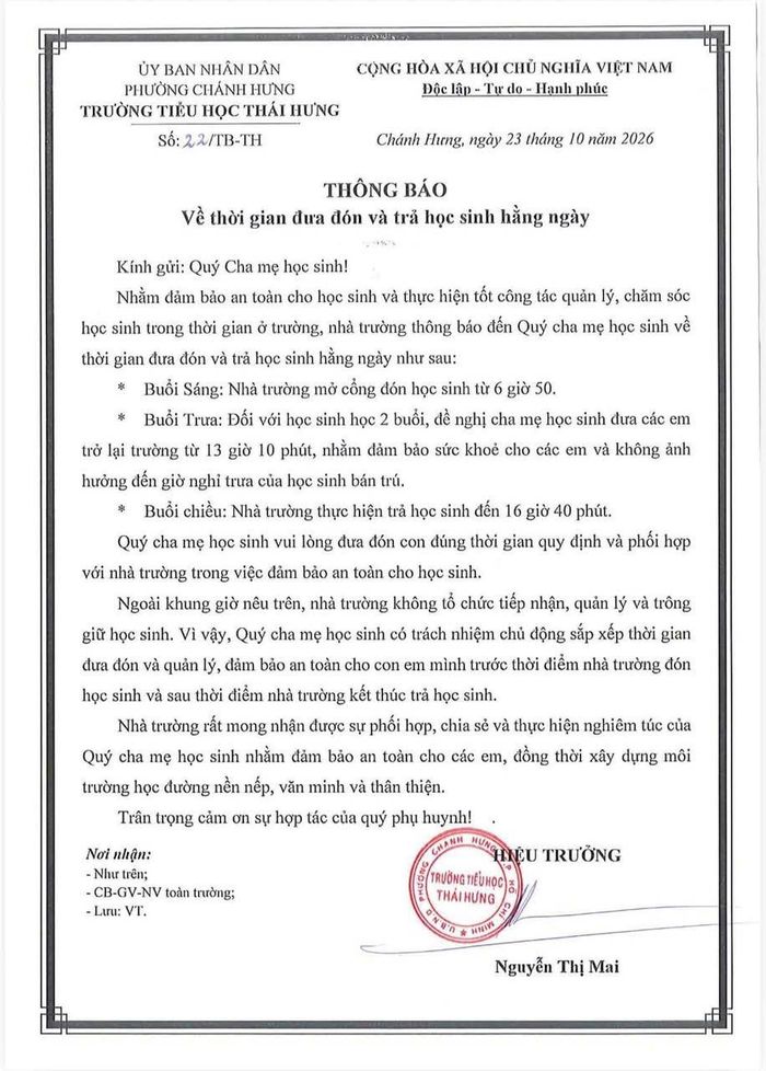  Thông báo về việc đón, trả học sinh của Trường Tiểu học Thái Hưng 