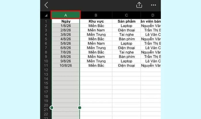 hạm vào chữ cái tiêu đề cột như A, B hoặc C.