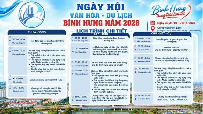 Lịch trình chi tiết Ngày hội Văn hóa - Du lịch xã Bình Hưng năm 2026.