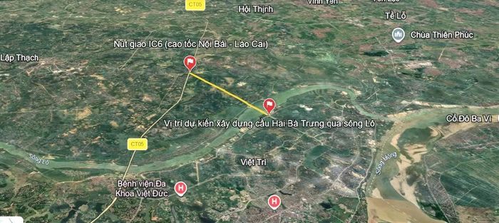 Vị trí dự kiến xây dựng cầu Hai Bà Trưng qua sông Lô và đường giao thông kết nối đến nút giao IC6 thuộc cao tốc Nội Bài - Lào Cai. Ảnh: Đức Anh chụp từ google