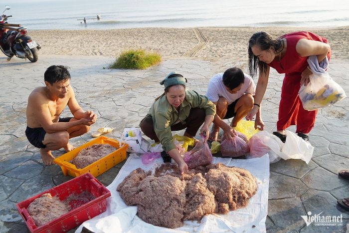 Du khách tranh thủ mua ruốc tươi vừa được ngư dân đánh bắt để thưởng thức sau khi tắm biển