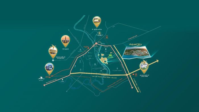 Tọa lạc tại vị trí đắc địa tại phía Đông TP.HCM, cư dân chỉ mất khoảng 20 phút để di chuyển từ sân bay Long Thành hay trung tâm TP.HCM về Aqua City  