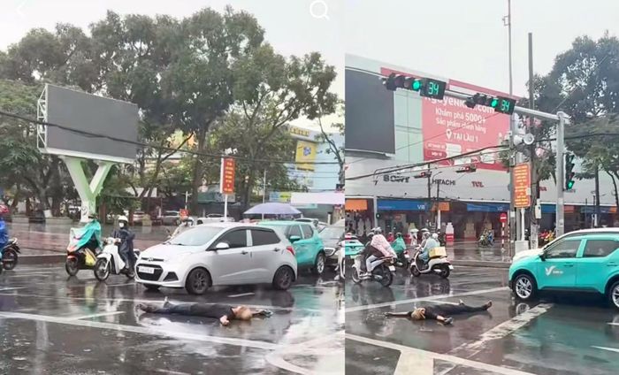 Hình ảnh nam thanh niên nằm giữa trung tâm TP Cần Thơ trên đường Hoà Bình được người dân chụp rồi đăng lên mạng xã hội. Ảnh: FB