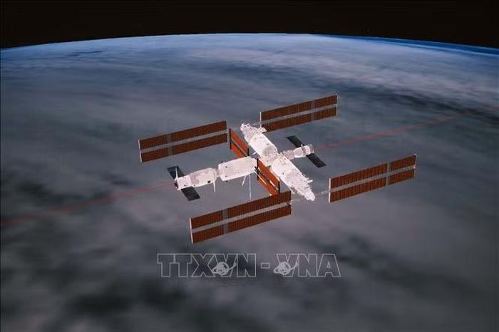 Hình ảnh mô phỏng tàu vũ trụ Thần Châu-16 ghép nối với module Thiên Hà trên Trạm vũ trụ Thiên Cung, ngày 30/5/2023. Ảnh: THX/TTXVN