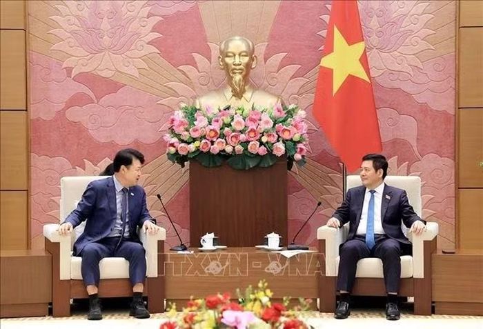 Phó Chủ tịch Quốc hội Nguyễn Hồng Diên tiếp Phó Chủ nhiệm Ủy ban Đất đai, Cơ sở hạ tầng và Giao thông Quốc hội Hàn Quốc Bok Ki Wang và đoàn đại biểu. Ảnh: Tuấn Anh/TTXVN