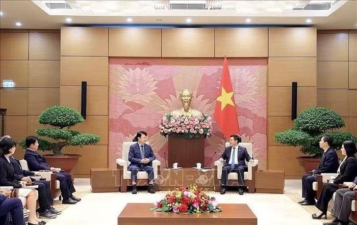 Phó Chủ tịch Quốc hội Nguyễn Hồng Diên tiếp Phó Chủ nhiệm Ủy ban Đất đai, Cơ sở hạ tầng và Giao thông Quốc hội Hàn Quốc Bok Ki Wang và đoàn đại biểu. Ảnh: Tuấn Anh/TTXVN