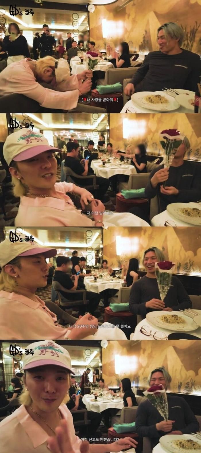 G-Dragon bất ngờ quỳ một gối trước mặt Daesung và trao bó hoa hồng đỏ, tái hiện khung cảnh của một màn cầu hôn lãng mạn.