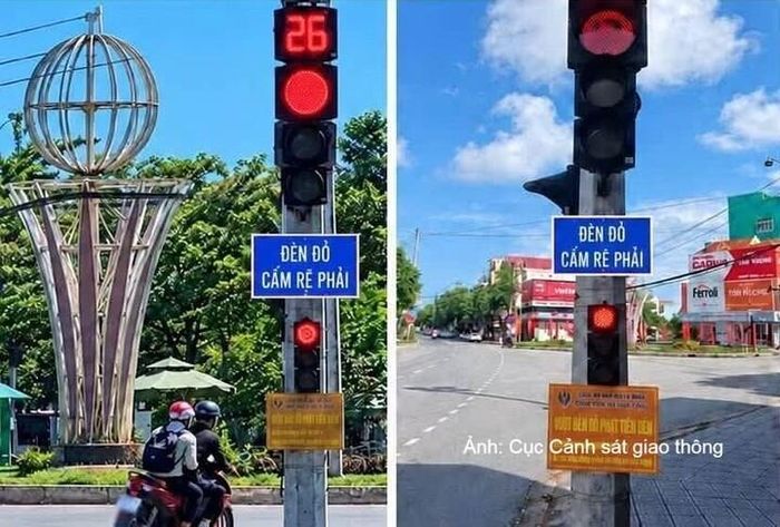 Các biển “Đèn đỏ cấm rẽ phải” có nền xanh, chữ trắng, hình thức tương tự biển “Cho phép rẽ phải” gây nhầm lẫn với người tham gia giao thông tại tỉnh Quảng Trị vừa được tháo dỡ bỏ.