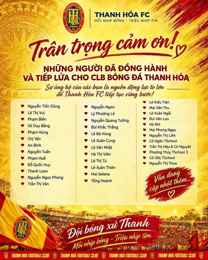 CLB Thanh Hóa gửi lời cảm ơn tới cá nhân, tập thể đồng hành cùng đội bóng.