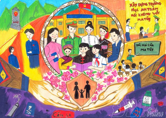 Bức tranh “Xây dựng trường học không ma túy” của em Lỳ Cẩm Nhung đã lọt vào vòng chung kết Cuộc thi “Trường học không ma túy năm 2026”.