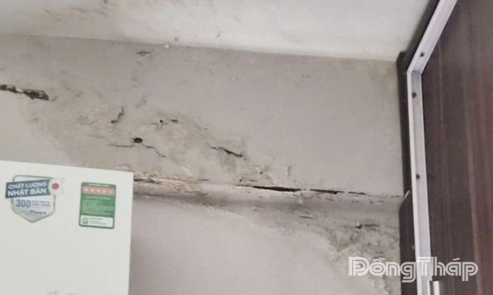 Khu vực trần và tường gần cửa sổ bị thấm nước, bong tróc.