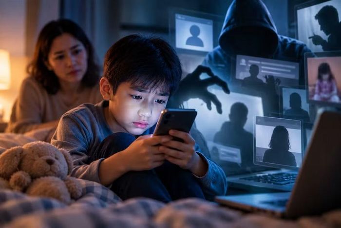  Trẻ em đối mặt với nhiều nguy cơ trên không gian mạng, đòi hỏi sự đồng hành, bảo vệ kịp thời từ gia đình và xã hội. Ảnh minh họa: AI 
