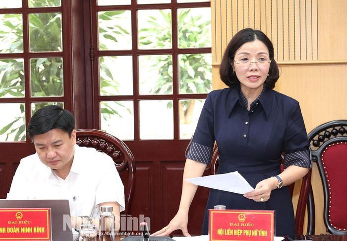 Đồng chí Đào Thị Hòa, Tỉnh ủy viên, Phó Chủ tịch Ủy ban MTTQ Việt Nam tỉnh, Chủ tịch Hội Liên hiệp Phụ nữ tỉnh phát biểu tại hội nghị.