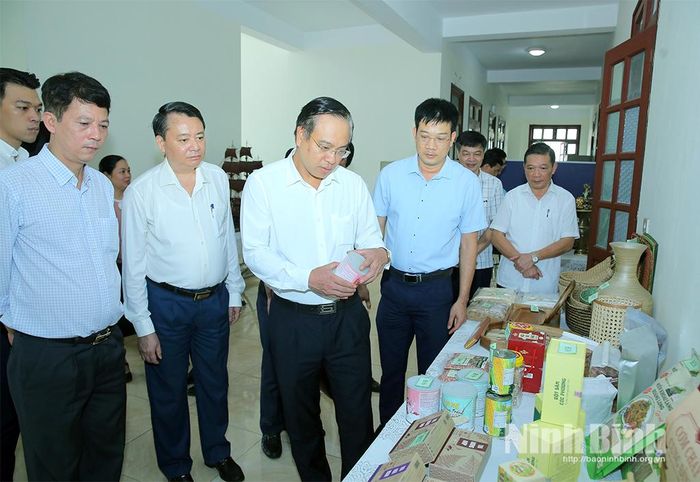 Đồng chí Phó Chủ tịch UBND tỉnh Đặng Thanh Sơn và các đại biểu tham quan sản phẩm trưng bày.