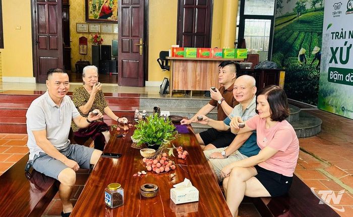 Du khách thưởng trà tại HTX Trà và Du lịch cộng đồng Tiến Yên, xã Tân Cương.