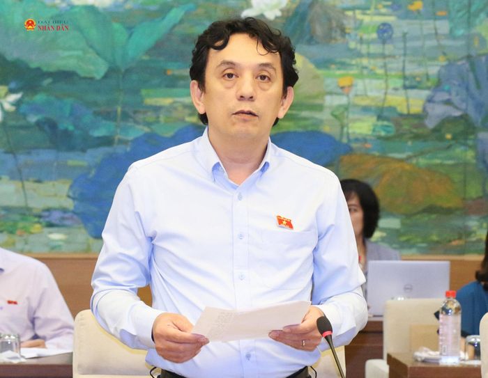 ĐBQH hoạt động chuyên trách tại Ủy ban Quốc phòng, An ninh và Đối ngoại Trần Việt Anh trình bày dự thảo Báo cáo thẩm tra. Ảnh: Đắc Trường