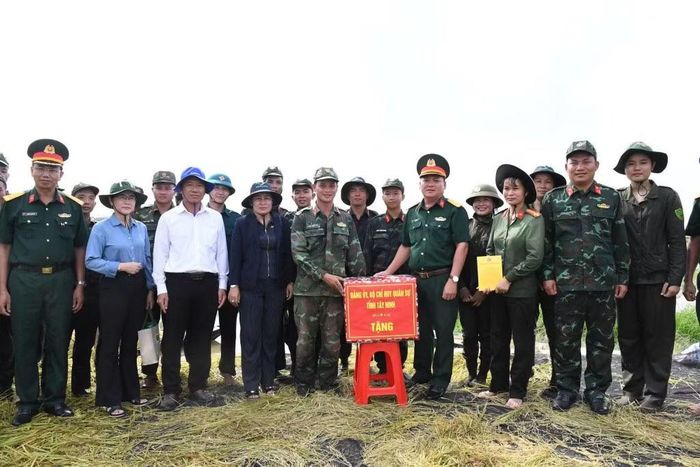 Đại tá Trần Văn Cư, Chỉ huy trưởng Bộ Chỉ huy Quân sự tỉnh Tây Ninh thăm, động viên cán bộ chiến sĩ giúp dân gặt lúa chạy lũ.