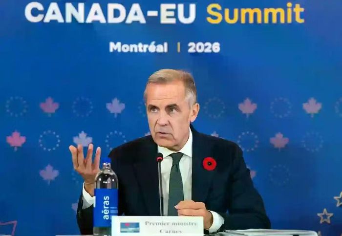 Thủ tướng Canada Mark Carney tại Hội nghị thượng đỉnh EU–Canada 2026. Ảnh: The Canadian Press/Christopher Katsarov