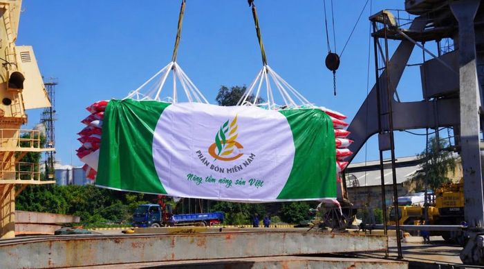 Tàu 6.000 tấn đang tiếp nhận sản phẩm NPK 14-14-14 từ các tàu trung chuyển tại Cảng xuất hàng thuộc Nhà máy Super Phốt Phát Long Thành.