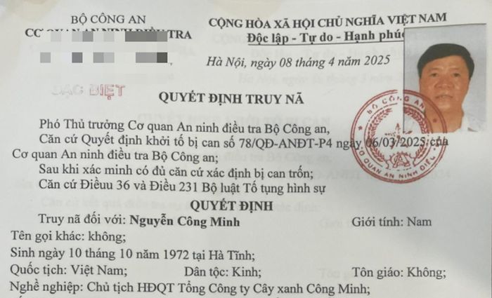 Quyết định truy nã Nguyễn Công Minh của Bộ Công an.