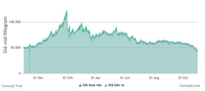  Biến động giá bạc thỏi tại Phú Quý trong vòng 1 năm qua. Ảnh: CanvasJS Trial. 