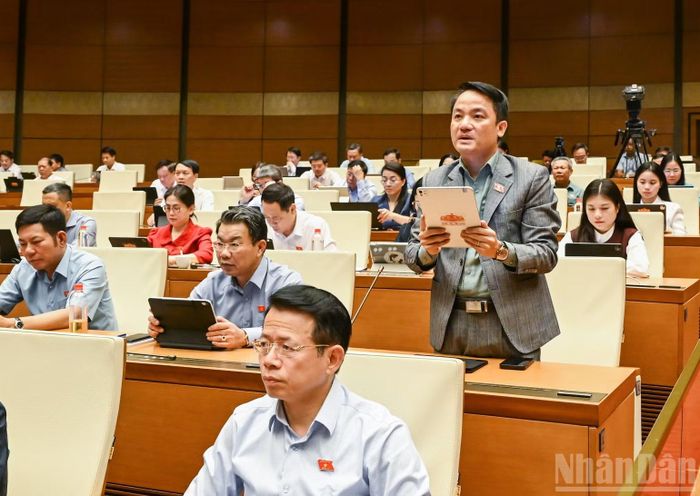 Đại biểu Lê Văn Thế (Đoàn Ninh Bình) phát biểu tại hội trường. (Ảnh: DUY LINH)