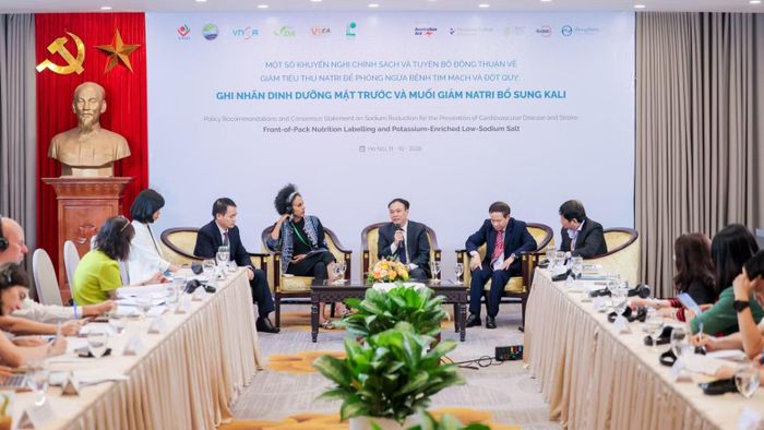 Đại diện các hội và chuyên gia quốc tế tham gia phiên tọa đàm "Một số khuyến nghị chính sách và tuyên bố đồng thuận về giảm tiêu thụ natri đề phòng ngừa bệnh tim mạch và đột quỵ". (Ảnh: BAN TỔ CHỨC)
