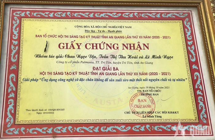 Giấy chứng nhận Hội thi sáng tạo kỹ thuật tỉnh An Giang của chị Chau Ngọc Dịu và nhóm tác giả.  