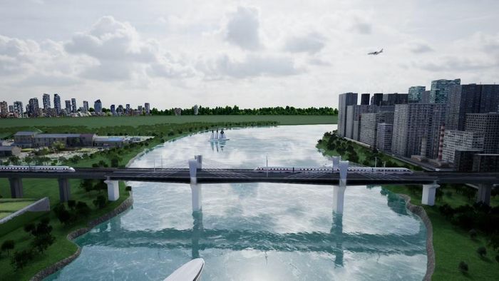 Phối cảnh 3D cầu trên tuyến đường sắt tốc độ cao Hà Nội – Quảng Ninh được dựng bằng phần mềm BIM (phương án 2).