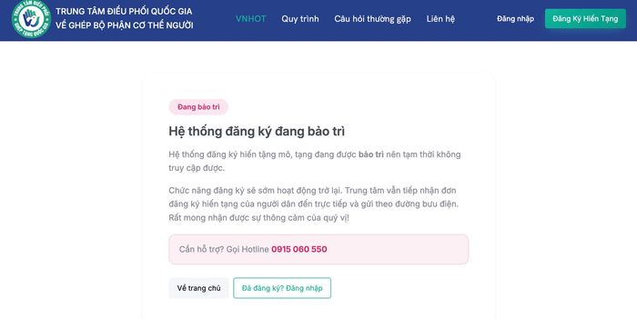  Website đăng ký hiến mô tạng thông báo tạm dừng hoạt động để bảo trì sáng 31-10. Ảnh chụp màn hình 