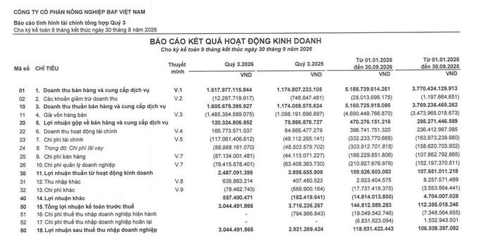 BAF ghi nhận doanh thu quý III/2026 tăng gần 37%, nhưng lợi nhuận sau thuế chỉ đạt hơn 3 tỷ đồng (Ảnh: BCTC Tổng hợp quý III/2026)