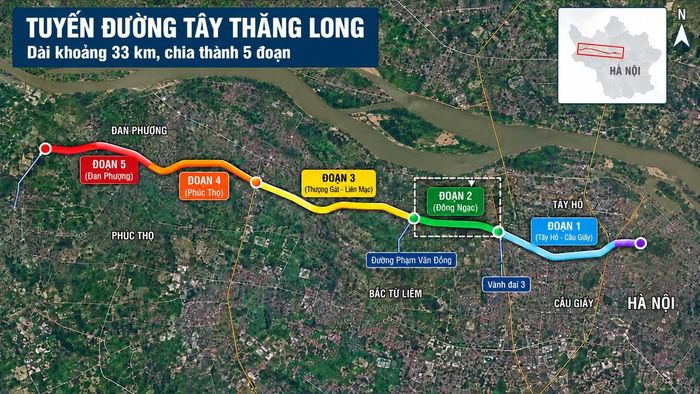 Sơ đồ minh họa đoạn tuyến Tây Thăng Long qua phường Đông Ngạc, dài hơn 3,2 km, nối đường Phạm Văn Đồng với đường Văn Tiến Dũng. Sơ đồ được tạo bằng AI.