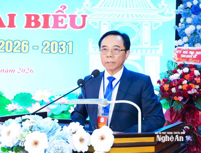 PGS. TS Nguyễn Cảnh Phú - Chủ tịch Hội Hữu nghị Việt Nam - Liên bang Nga tỉnh Nghệ An khóa V khai mạc đại hội. Ảnh: Mai Hoa