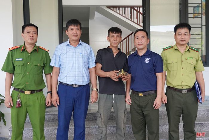 Lực lượng chức năng tiếp nhận cá thể rùa cổ sọc.