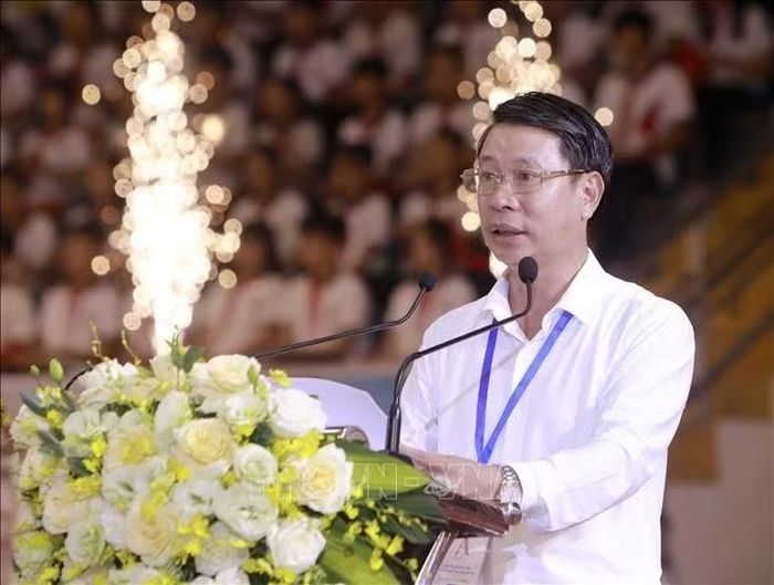 Phó Chủ tịch Ủy ban nhân dân tỉnh Phú Thọ Nguyễn Khắc Hiếu phát biểu khai mạc Hội khỏe Phù Đổng tỉnh lần thứ nhất - năm 2026.