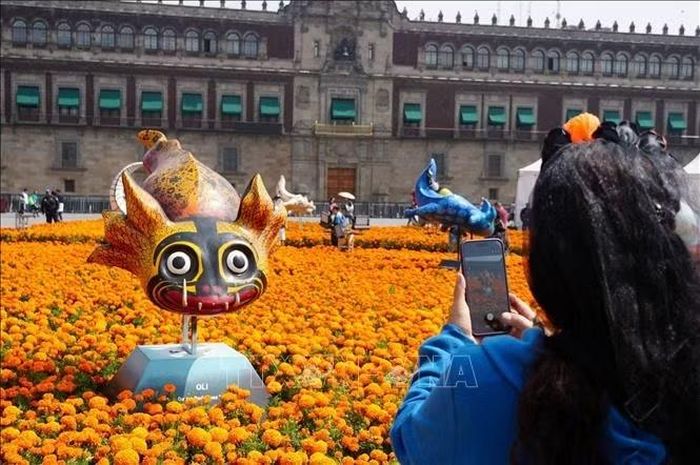 Du khách chụp ảnh tượng axolotl - thường được gọi là kỳ giông Mexico, là loài lưỡng cư đặc hữu của quốc gia Mỹ Latinh này.
