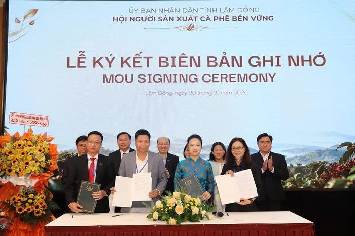 Hội Người sản xuất cà phê bền vững tỉnh Lâm Đồng ký kết biên bản ghi nhớ hợp tác với Vicofa và các đối tác để nâng cao giá trị cà phê Lâm Đồng.
