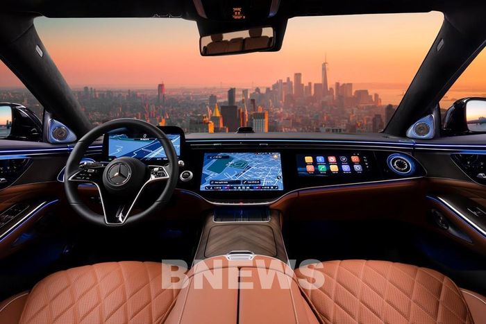 Bên trong Mercedes-Maybach S 580 e được ốp gỗ walnut MANUFAKTUR màu nâu vân nhám tự nhiên kết hợp đường chỉ nhôm; hộc giữ lạnh phía sau đến 10 lít. Cáp sạc AC đến 11 kW dài 7 m và cáp AC 1,8 kW dài 5 m. 